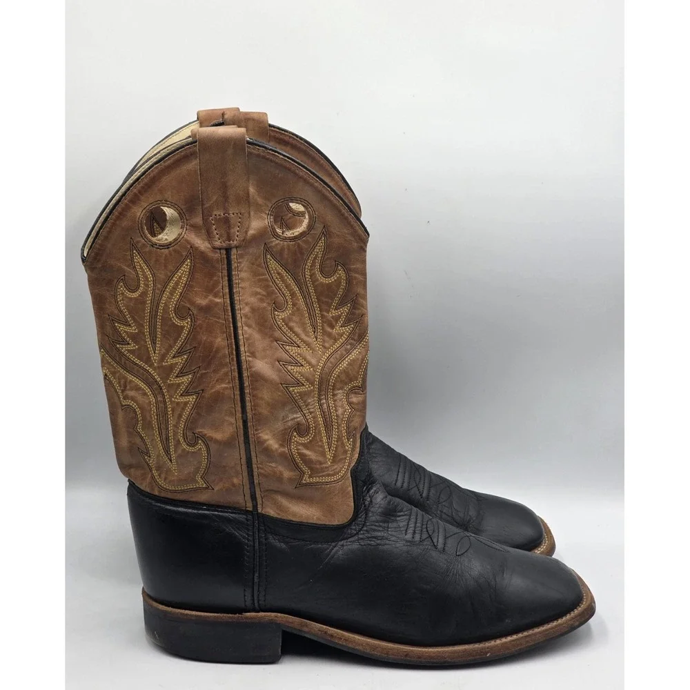 Old West BSY1810 Youth Western Boots Black Tan Calf Leather Square Toe Sz 7